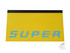 Gelber Schmutzfnger mit blauer "SUPER" Aufschrift und schwarzer Oberkante.