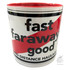 Weie Tasse mit roter Innenseite und schwarzem Rand. Aufschrift: fast faraway good, LONG DISTANCE HAULAGE.
