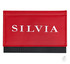 Roter Gurtschoner aus Kunstleder mit gesticktem Namen SILVIA in Wei und schwarzer Unterseite.