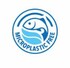 Blau-weies Umwelt-Siegel "MICROPLASTIC FREE" mit Fisch und Wellen.