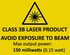 Gelbes Warnschild fr Laserprodukt mit schwarzem Lasersymbol. Text: CLASS 3B LASER PRODUCT, AVOID EXPOSURE TO BEAM, 150 milliwatts.