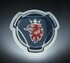 Beleuchtete Scania Emblem Platte aus weiem Acryl mit blau-rotem Emblem und weiem LED-Licht.