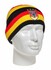 Gestreifte Strickmtze in Schwarz, Rot und Gelb mit Germany-Wappen auf weiem Mannequin-Kopf.