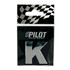 Glnzender 3D Aufkleber Buchstabe K aus verchromtem Kunststoff in transparenter Verpackung mit Pilot-Logo.